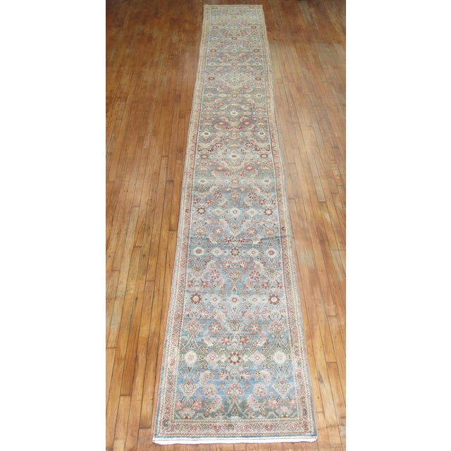 Early 20th Century Zabihi Collection Extra Long Persian Malayer Runner in Light Blue and Pink - 2'8" x 20'8" For Sale - Image 4 of 9