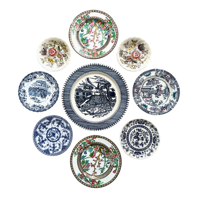 Blue and White Vintage & Antique Decorative Wall Plate Grouping — Set of 9 For Sale