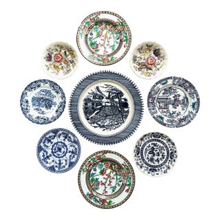 Blue and White Vintage & Antique Wall Plate Collection — Set of 9, Currier & Ives, Coalport Indian Tree, Burleigh Burslem For Sale
