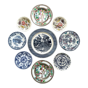 Blue and White Vintage & Antique Wall Plate Collection — Set of 9, Currier & Ives, Coalport Indian Tree, Burleigh Burslem