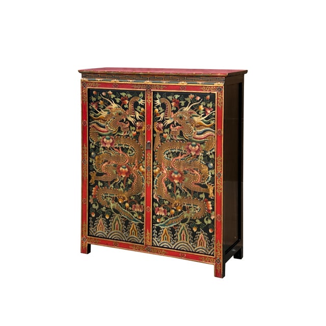 Asian Tibetan Style Golden Double Dragons Graphic Credenza Storage Cabinet For Sale - Image 3 of 4