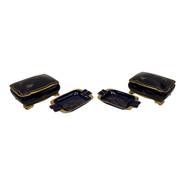 Vintage Lindner Kueps Bavaria Cobalt Blue & 22k Gold Butterfly Porcelain Vanity Set - 4 Pieces For Sale