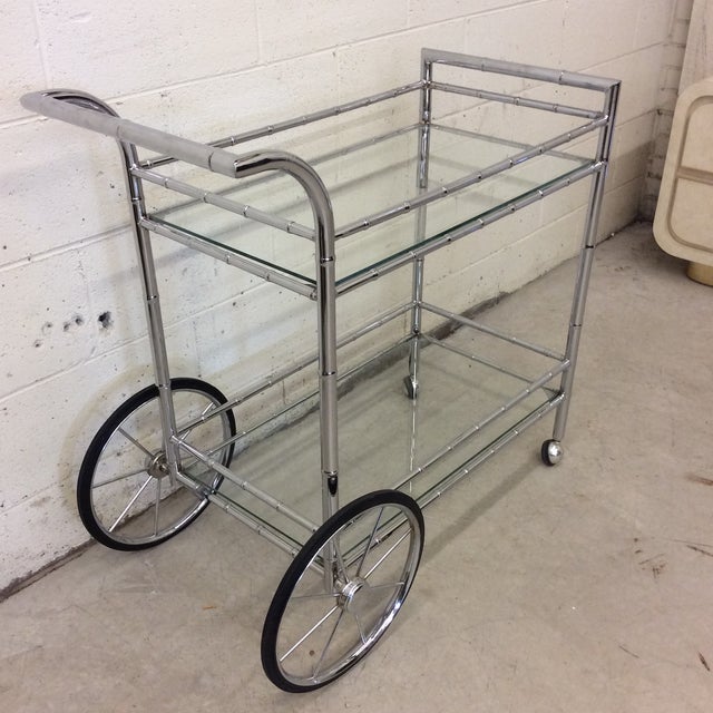 Italian Style Faux Bamboo Chrome Bar Cart For Sale - Image 4 of 10