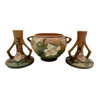 Vintage Roseville Pottery Magnolia Brown Console Set - Bowl 665-4 & Candlesticks 1157-4 ½" For Sale