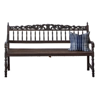19th Century Anglo-Indian Hand-Carved Hardwood Hall Bench With Original Cane Seat For Sale