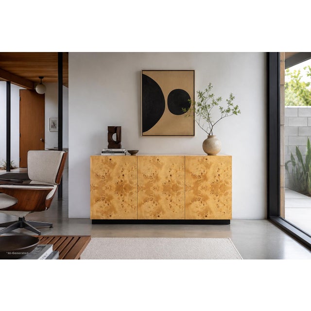 An exceptional vintage burl wood credenza designed by American designer Arthur Umanoff for Dillingham, circa 1970s. Widely...