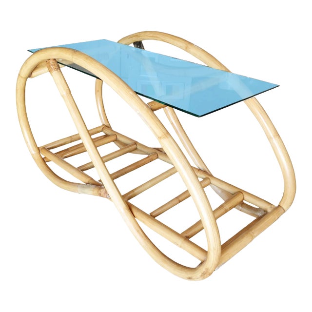 1950s Restored Single-Strand Glass Top "Grasshopper" Rattan Side Table For Sale