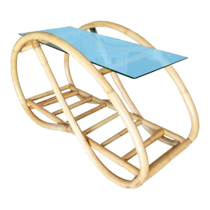 1950s Restored Single-Strand Glass Top "Grasshopper" Rattan Side Table