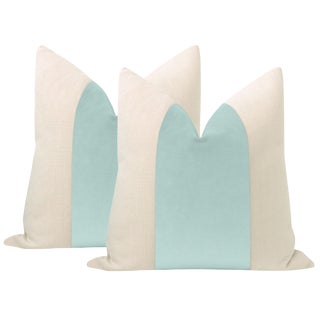 22" Sky Blue Velvet Panel & Linen Pillows - a Pair For Sale