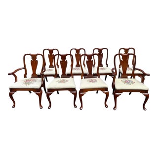 Hickory Chair Company Queen Anne Needle Point Mahogany Dining Chairs- Set of 8 For Sale