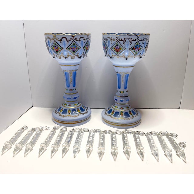 Antique Bohemian Czech Victorian Blue Opaline Glass Enamel Floral Lusters Pair For Sale - Image 10 of 12