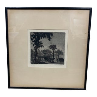 Antique Etching Fritz Silberbauer (1883-1974) Prehistoric Times With Mammoths 12" For Sale