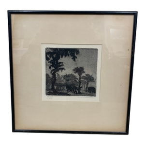 Antique Etching Fritz Silberbauer (1883-1974) Prehistoric Times With Mammoths 12"