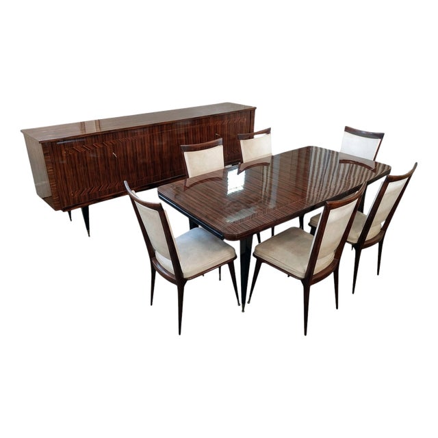 Art Deco French Elegance in Macassar Complete Dining Room with Fine Inlays, 1930s, Set of 8 For Sale