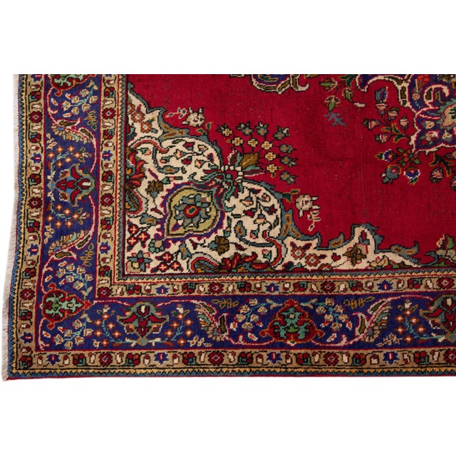 1960s Vintage Persian Tabriz Handmade Medallion Red Wool Rug For Sale - Image 4 of 7