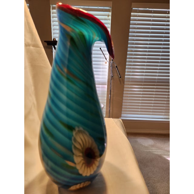 Blue Vintage Murano Millefiori Art Glass Vase - Blue Spiral Sunflower Murrine Ruffle For Sale - Image 8 of 8