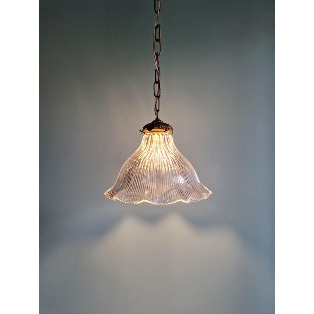 Gold Pendant Light in Grooved Clear Glass from Holophane, 1930s For Sale - Image 8 of 14