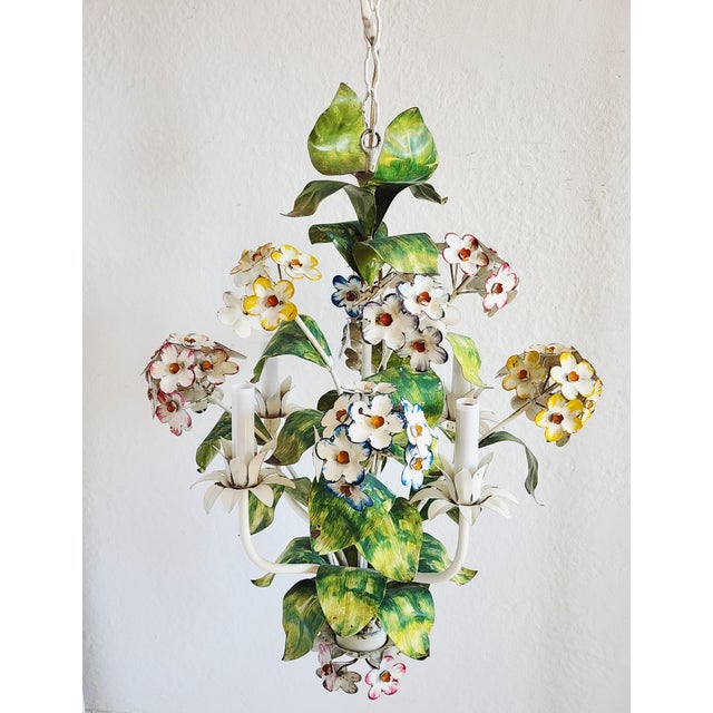 Shabby Chic Vintage Italian Handpainted Foral Motif Tole Chandelier For Sale - Image 3 of 18