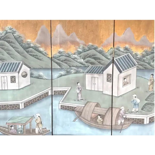 Early 20th Century Chinese Chinoiserie Four Panel Wallpaper Screen For Sale - Image 5 of 10