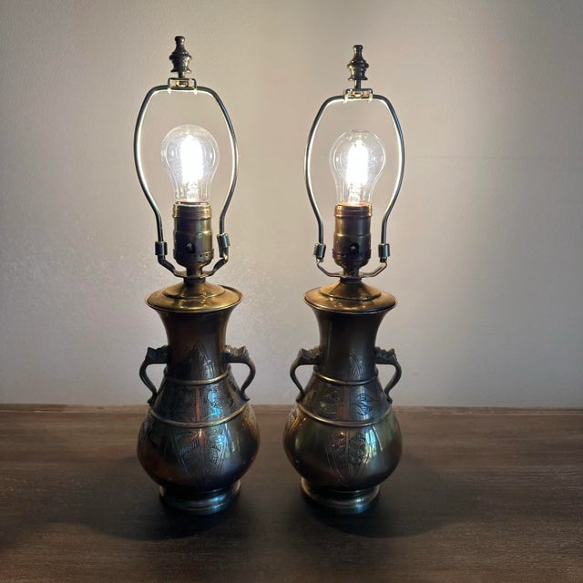 Vintage Chinese Etched Brass Urn Vase Boudoir Lamps - A Pair For Sale - Image 10 of 10