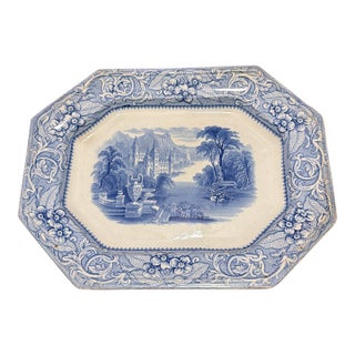 Antique English Blue Transfer Ironstone Octagonal Platter, River and Castle Scene, Circa Mid-19th Century For Sale