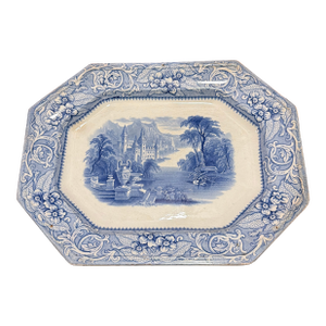 Antique English Blue Transfer Ironstone Octagonal Platter, River and Castle Scene, Circa Mid-19th Century
