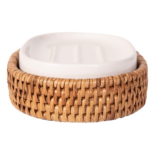 Artifacts Rattan Oval Soap Dish with Ceramic Insert, Honey Brown For Sale