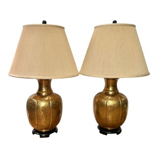 Vintage 1960’s Paul Hanson Hammered Brass Chinoiserie Table Lamps With Original Shades - a Pair For Sale