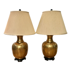 Vintage 1960’s Paul Hanson Hammered Brass Chinoiserie Table Lamps With Original Shades - a Pair