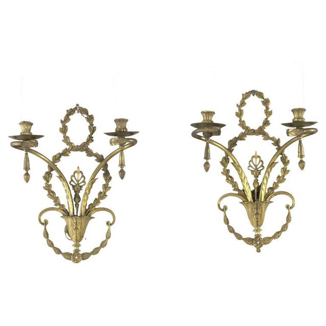 Pair of French Louis XV Laurel Wreath Bronze Double Candle Electric Wall Sconces C1900 For Sale - Image 4 of 12