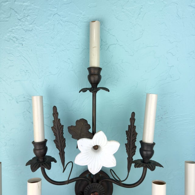 Ebony Vintage 7 Light Wrought Iron Wall Sconce With Milk Glass Flowers & Cherub Motif Matching Sconce Available Separately For Sale - Image 8 of 12