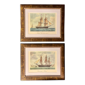 1950's L’age De La Marine a Voile Hachette Pair of French Navel Color Plate Prints Framed