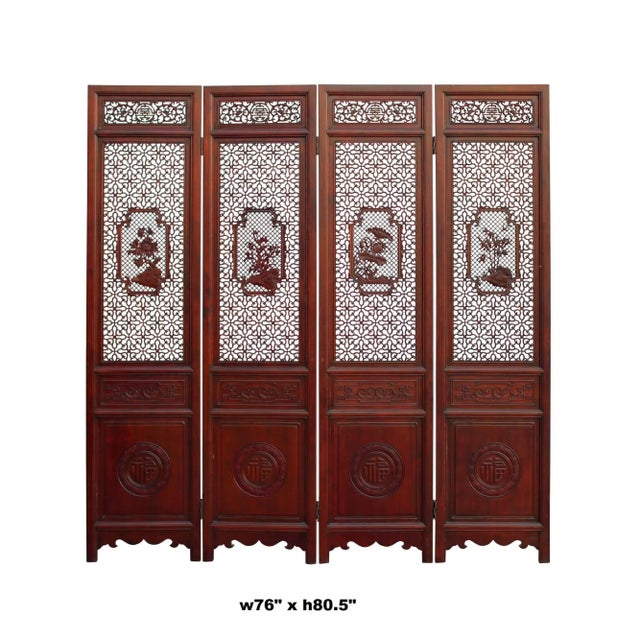 Chinese Chinese Reddish Brown Stain 4 Seasons Flower Wood Panel Floor Screen For Sale - Image 3 of 13