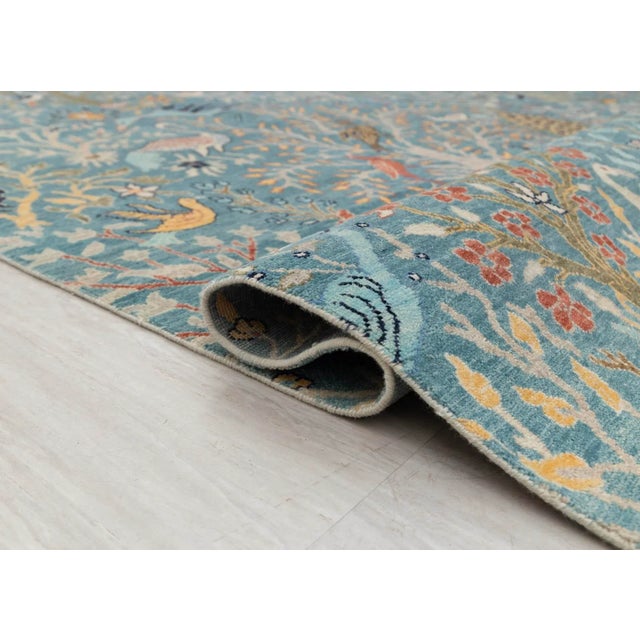 2020s Blue Peacock Birds Garden Scene Soft Hand Knotted Hand Spun Wool Rug 9x12Ft. For Sale - Image 5 of 18