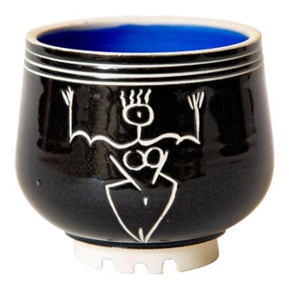 Black, White and Cobalt Blue Ceramic Abstract Bowl Signed Goldenberg For Sale