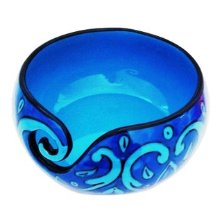 Boho Chic Handcrafted Deep Water Blue Ceramic Yarn Bowl For Sale