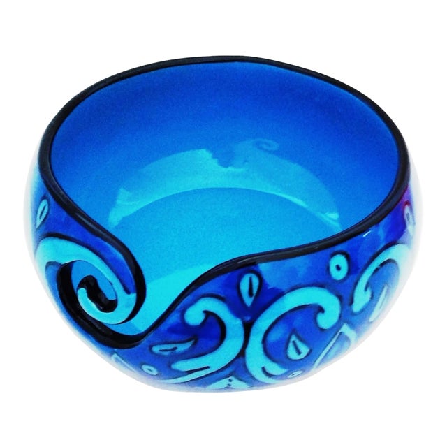 Boho Chic Handcrafted Deep Water Blue Ceramic Yarn Bowl For Sale