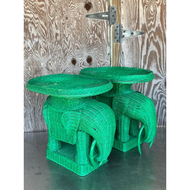 Boho Chic Vintage Coastal Woven Rattan Elephant Side Tables - A Pair For Sale - Image 3 of 10