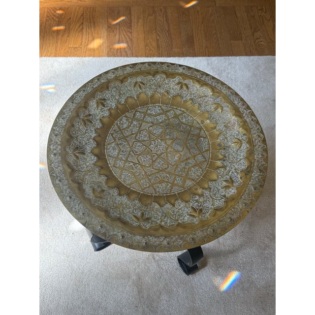 Gold Moroccan Brass Table on Black Iron Stand For Sale - Image 8 of 9
