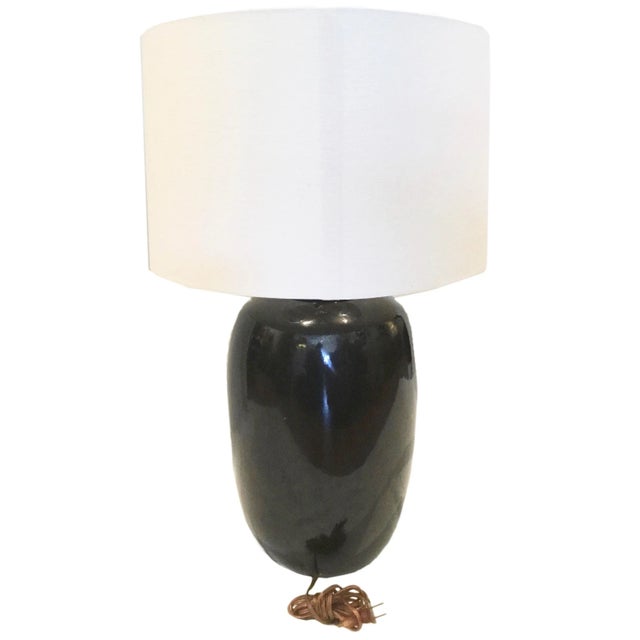 Vintage Black Ceramic Lamp With Hand-Painted Silver Detail For Sale - Image 4 of 6