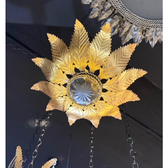 Metal 1940s French Gilt Metal Sunburst Flush Mount Light Fixture For Sale - Image 7 of 7