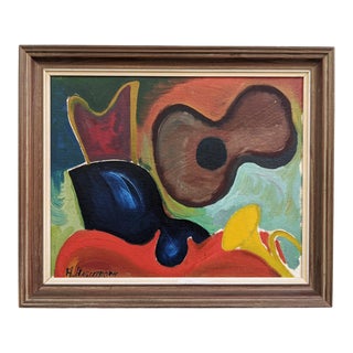 Mid 20th Century Modernist Style Still Life Oil Painting of Instruments, Framed For Sale