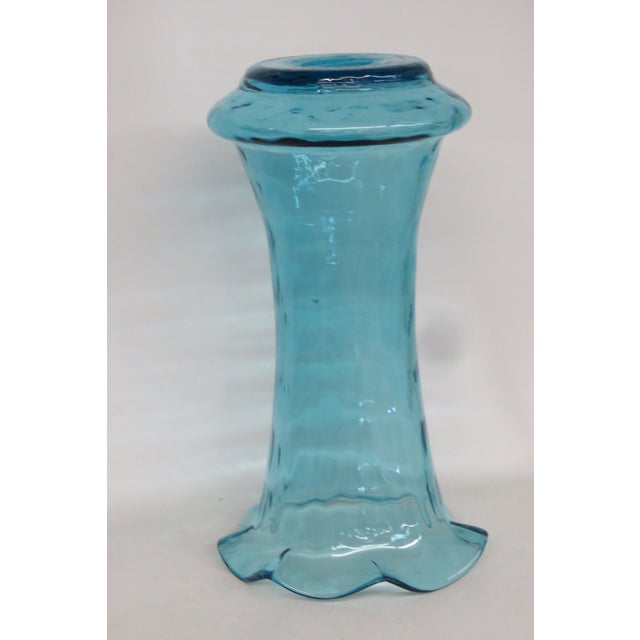 Glass Turquoise Aqua Blue Vase Hand Blown Sculpted Art Glass With Ruffled Edge 4755b For Sale - Image 7 of 11