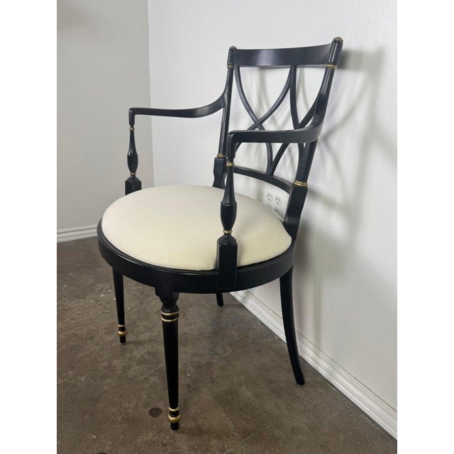 Linen Set of Twelve Regency-Style Ebonized Dining Chairs With Linen Seats For Sale - Image 8 of 11