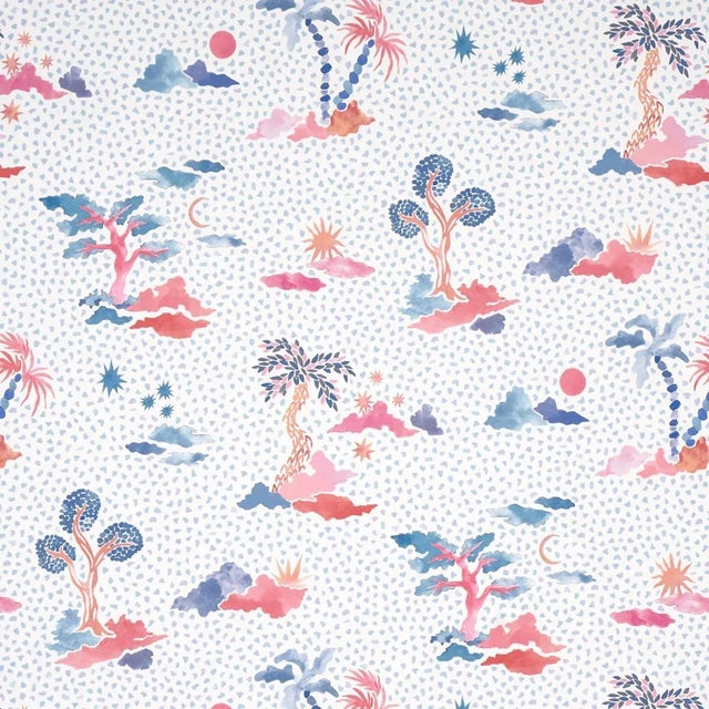 Sample - Schumacher x Happy Menocal Valetta Wallpaper In Sky & Pink For Sale