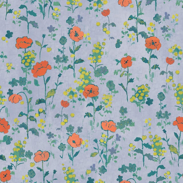 Sample - Poppies Wallpaper by Paule Marrot in Periwinkle For Sale