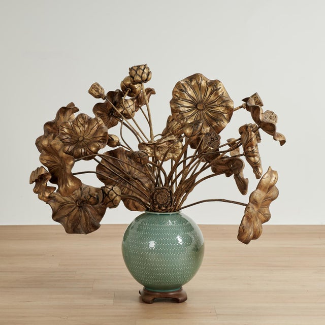 Wood Vintage Bouquet of Carved Wood Lotus Leaves in a Celadon Vase For Sale - Image 7 of 11