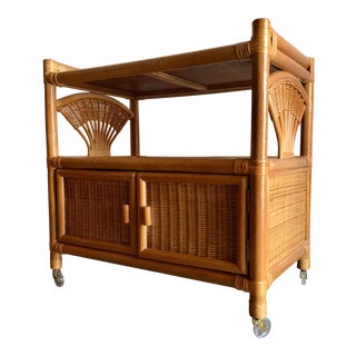 Vintage Mid Century Modern Natural Woven Bamboo Rattan Cart For Sale