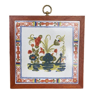 Vintage French Faience Style Ceramic Tile With Hand-Painted Floral Motif in Wood Frame. For Sale