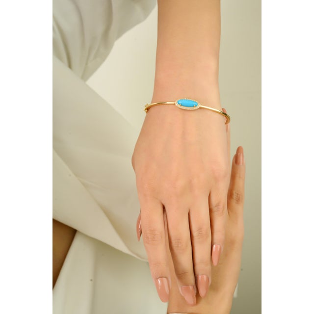Turquoise Mid 20th Century 2.22 Ct Turquoise Halo Diamond Contemporary Bangle in 14k Gold For Sale - Image 8 of 13